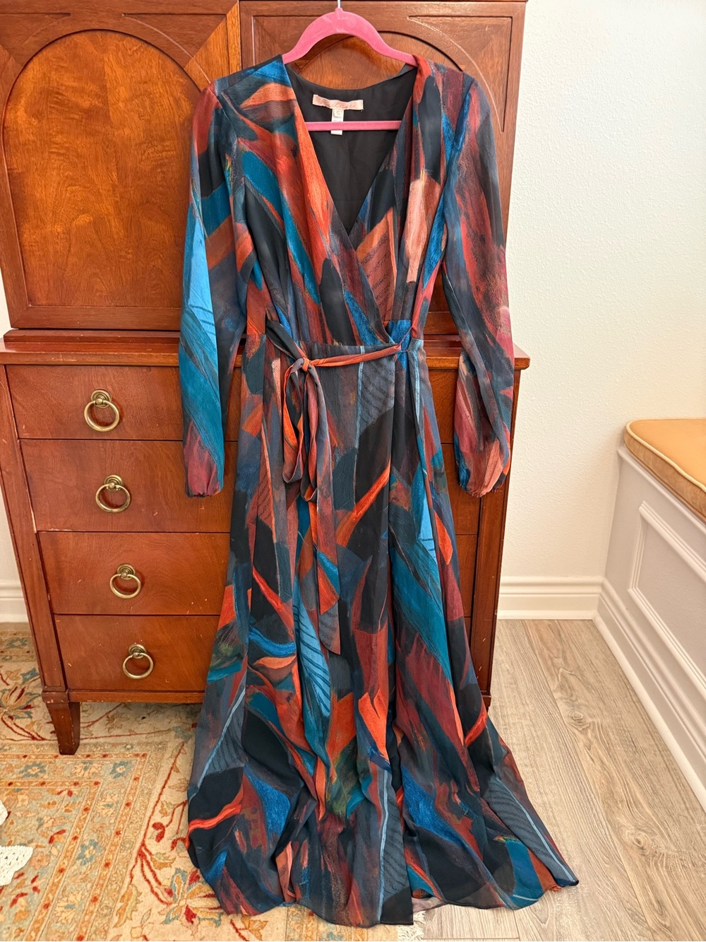 Anthropologie Long Wrap Dress in Teal & Rust Abstract Print